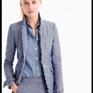 J. Crew Regent Four-Season Chambray Blazer Size 12 Ruffle Trim Striped Lining